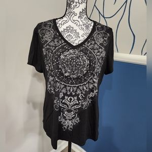 Time & Tru Black and Gray V-Neck Top with Rhinestone Details